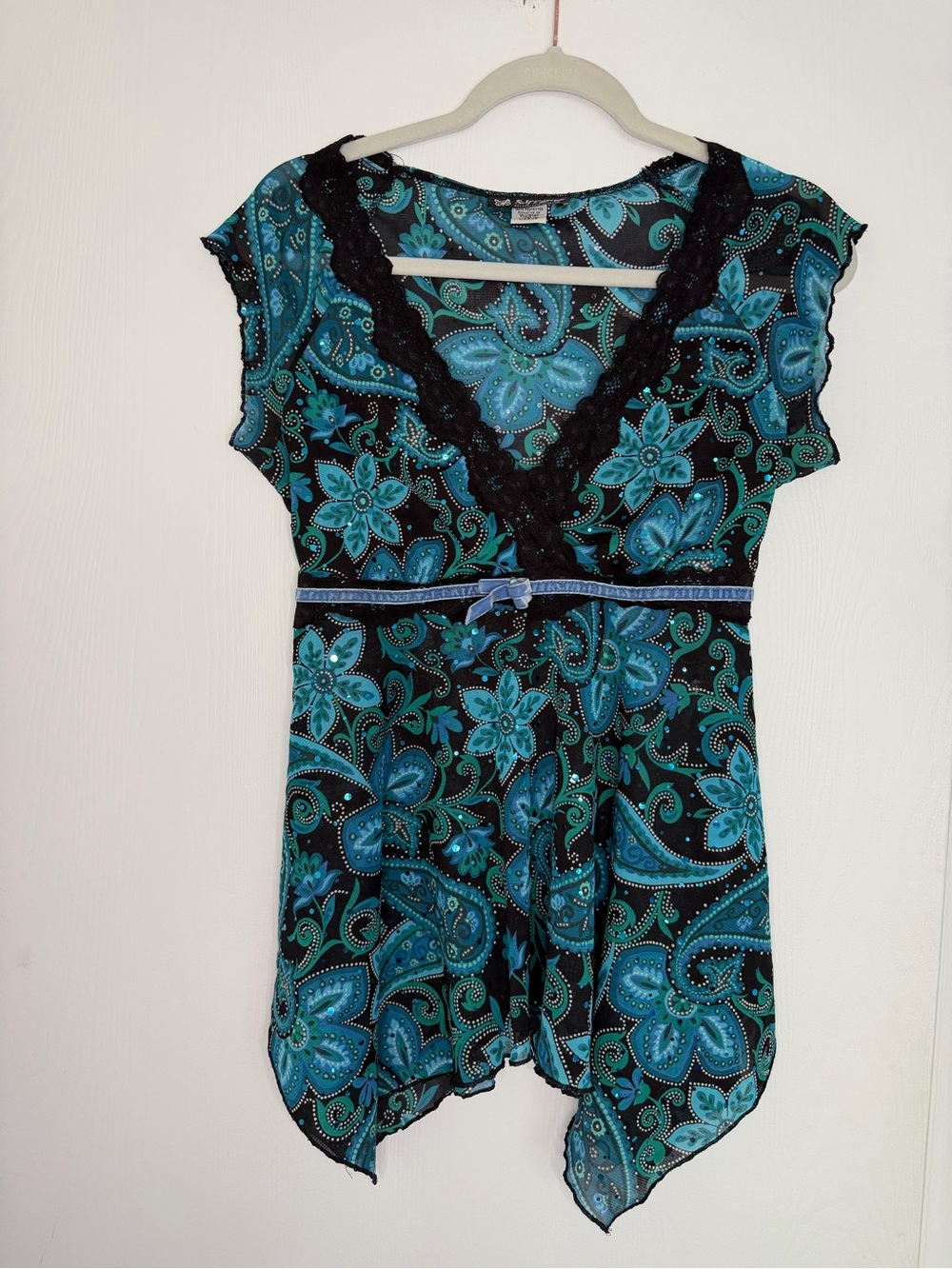 VTG Self Esteem Teal Floral Lace Trim Chemise with Bow Detail Goth Fairy RenFair